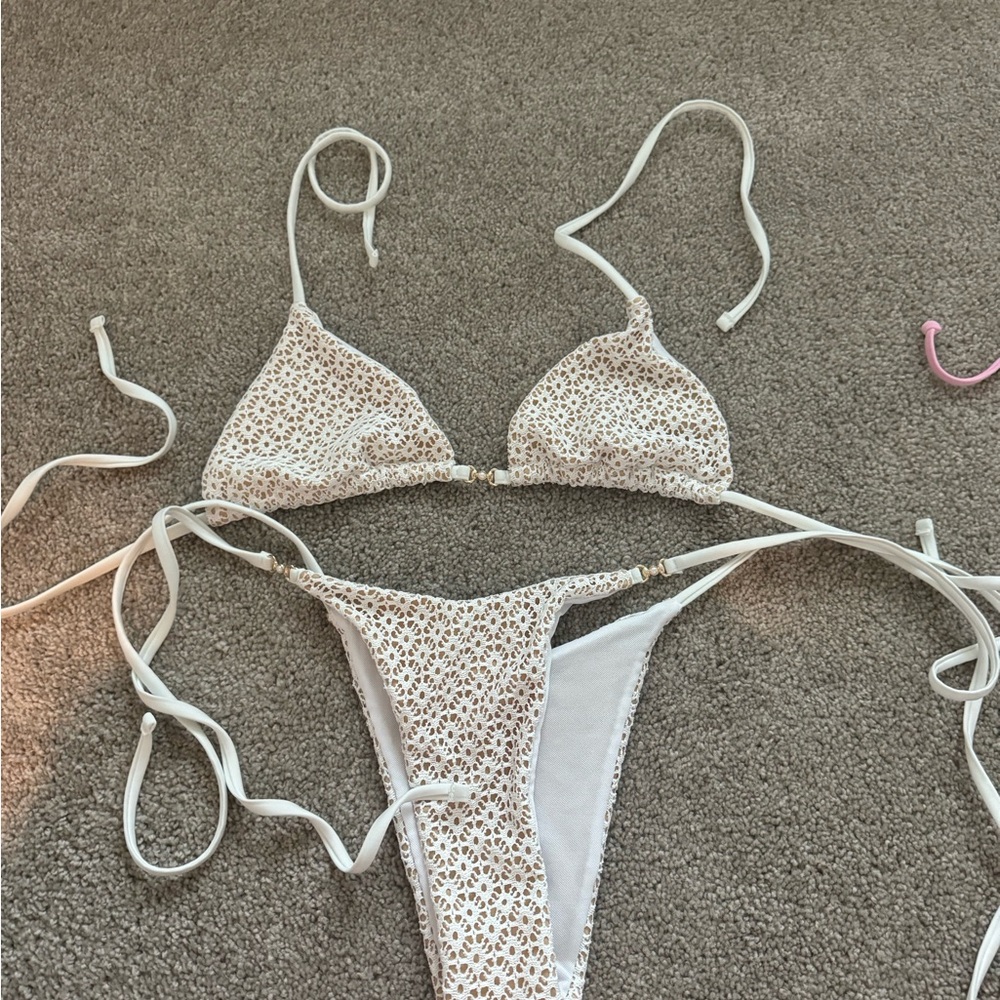 SHEIN White and Brown Crochet Bikini Set